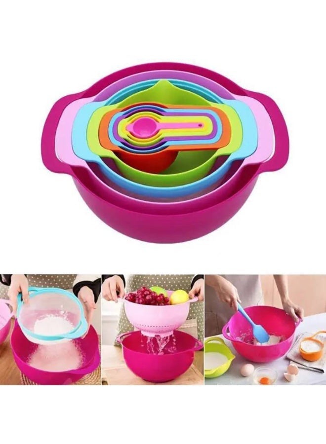 طقم أوعية خلط مكون من 10 قطع، أوعية مطبخ ملونة، مصفاة شبكية بمقابض، أكواب وملاعق قياس قابلة للتكديس، أوعية بلاستيكية متداخلة مع صنبور سهل الصب للطبخ في المطبخ - Image 1